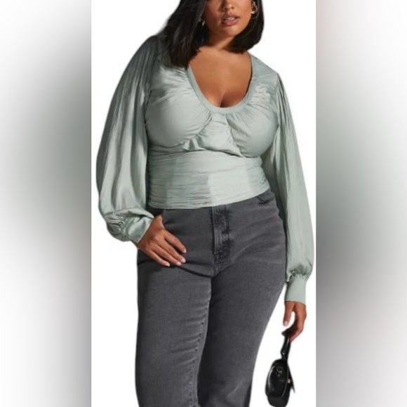 Anthropologie Tops - By Anthropologie Sz 2X Mint Green Open Back Blouson Sleeve Blouse Elegant Flowy